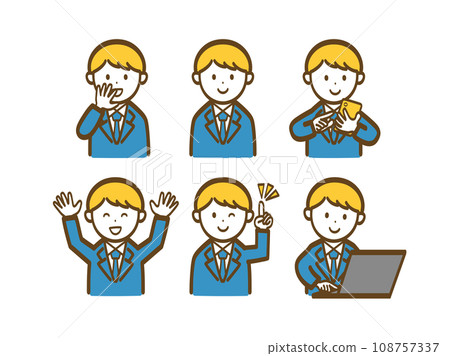 Simple male office worker pose illustration set_Blue suit 3 Simple male office worker pose illustration set_Blue suit 3 108757337