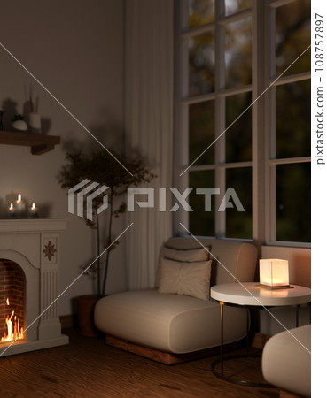 A romantic, cosy, Scandinavian living room at night with a fireplace and comfortable chairs. 108757897
