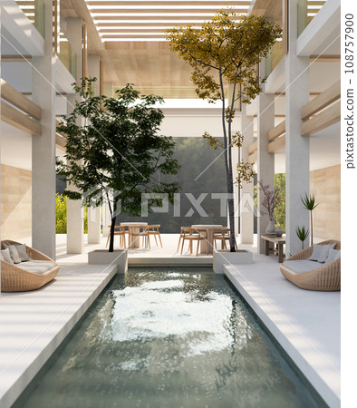 Interior design of a modern, luxurious, spacious hotel indoor lounge with an indoor pool. Interior design of a modern, luxurious, spacious hotel indoor lounge with an indoor pool. 108757900