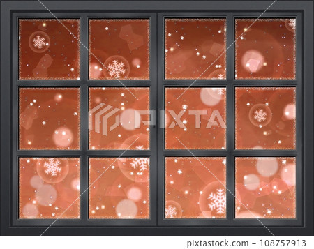 Fairy tale window with falling snowflakes, sepia 108757913