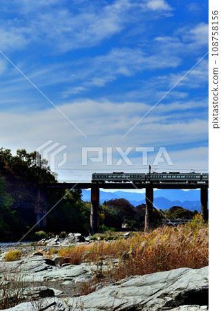 Chichibu Railway Arakawa Bridge and train scenery 108758156