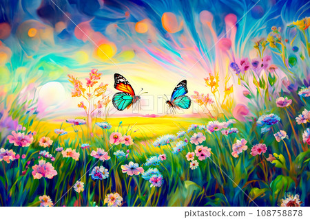 盛開的田野與翩翩起舞的蝴蝶的插圖 盛開的田野與翩翩起舞的蝴蝶的插圖 108758878