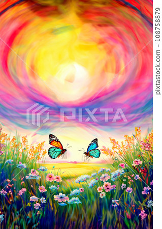 盛開的田野與翩翩起舞的蝴蝶的插圖 盛開的田野與翩翩起舞的蝴蝶的插圖 108758879