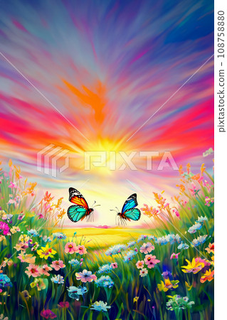 盛開的田野與翩翩起舞的蝴蝶的插圖 108758880