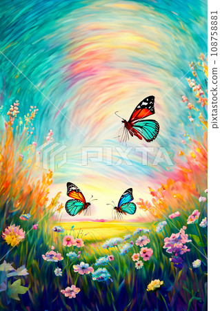 盛開的田野與翩翩起舞的蝴蝶的插圖 盛開的田野與翩翩起舞的蝴蝶的插圖 108758881