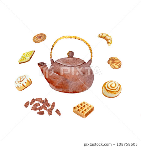 Watercolor teapot and desserts isolated on white 108759603