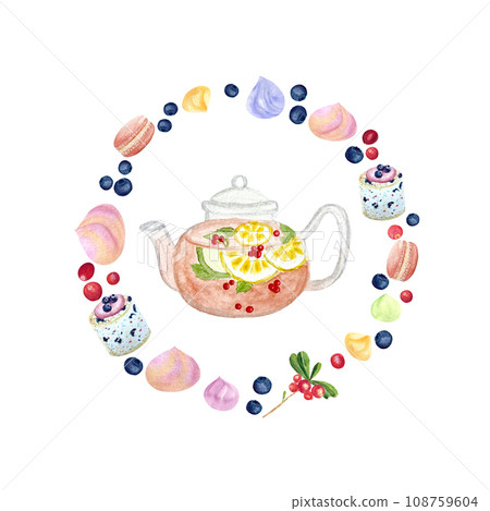 Watercolor teapot and desserts isolated on white 108759604
