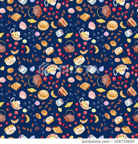 Watercolor teapot and desserts seamless pattern blue background Watercolor teapot and desserts seamless pattern blue background 108759605