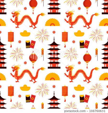 Happy Chinese New Year 2024 Seamless Pattern Design. Translation : Year of the Dragon. with Lantern, Dragons and China Elements in Flat Illustration 108760631