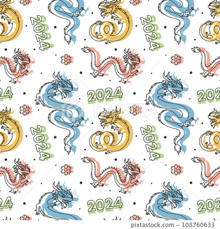 Happy Chinese New Year 2024 Seamless Pattern Design. Translation : Year of the Dragon. with Lantern, Dragons and China Elements in Flat Illustration 108760633