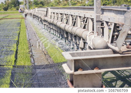 Green farm sprinkler automatic Watering machine Rice Field Green agriculture ecosystem Asian rice paddy field Thailand green farm. Harvest agriculture planting cultivation green rice terraces garden 108760709