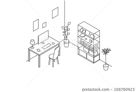 房間查找器：書房、辦公桌和書架的簡單等軸測圖 108760923