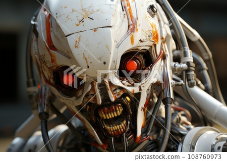 A story of steel and blood: Detail of the android's vivid expression after a fierce battle AI image 108760973