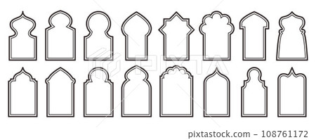 Ramadan frame shapes set. Vector door and windows arch with Islamic design. Muslim oriental gate. Indian vintage arcs with traditional ornament. Architecture elements and stickers Ramadan frame shapes set. Vector door and windows arch with Islamic design. Muslim oriental gate. Indian vintage arcs with traditional ornament. Architecture elements and stickers 108761172