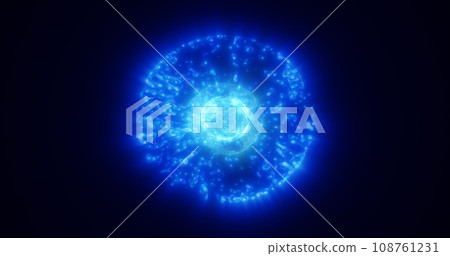 Abstract blue energy glowing digital sphere atom made of iridescent energy from moving electric plasma liquid on black background Abstract blue energy glowing digital sphere atom made of iridescent energy from moving electric plasma liquid on black background 108761231