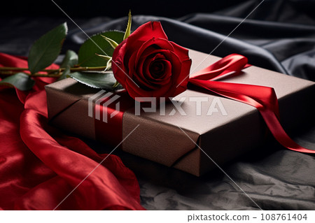 gift box with red ribbon and rose flower on black fabric gift box with red ribbon and rose flower on black fabric 108761404