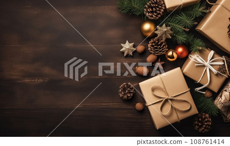 AI-generated content. Gift boxes wrapped in beige paper with bow on wooden background with copyspace AI-generated content. Gift boxes wrapped in beige paper with bow on wooden background with copyspace 108761414