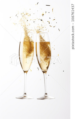 AI-generated content. Glasses of champagne on white background with bokeh effect and copy space AI-generated content. Glasses of champagne on white background with bokeh effect and copy space 108761437
