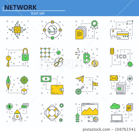 Vector set of blockchain technology and cryptocurrency icons in thin line style. Bitcoin, ethereum, ICO. Website UI and mobile web app icon. Outline design illustration. Vector set of blockchain technology and cryptocurrency icons in thin line style. Bitcoin, ethereum, ICO. Website UI and mobile web app icon. Outline design illustration. 108761541