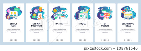Web site onboarding screens. UI and UX design solutions, rating review, search, drawing tools. Menu vector banner template for website and mobile app development Web site onboarding screens. UI and UX design solutions, rating review, search, drawing tools. Menu vector banner template for website and mobile app development 108761546