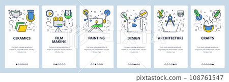 Web site onboarding screens. Hobby and art professions, ceramics, crafts, painting, design. Menu vector banner template for website and mobile app development Web site onboarding screens. Hobby and art professions, ceramics, crafts, painting, design. Menu vector banner template for website and mobile app development 108761547