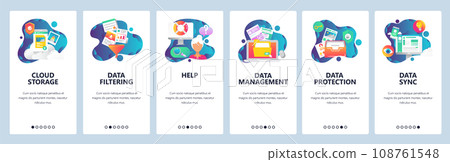 Web site onboarding screens. Computer and internet services, cloud storage and data sync. Menu vector banner template for website and mobile app development Web site onboarding screens. Computer and internet services, cloud storage and data sync. Menu vector banner template for website and mobile app development 108761548