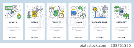 Web site onboarding screens. Travel and beach vacation, passport, visa, tickets. Menu vector banner template for website and mobile app development. Modern design linear art flat illustration. Web site onboarding screens. Travel and beach vacation, passport, visa, tickets. Menu vector banner template for website and mobile app development. Modern design linear art flat illustration. 108761550
