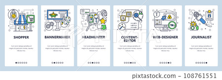 Web site onboarding screens. Shopping, headhunter, editor, web designer, journalism. Menu vector banner template for website and mobile app development. Modern design linear art flat illustration. Web site onboarding screens. Shopping, headhunter, editor, web designer, journalism. Menu vector banner template for website and mobile app development. Modern design linear art flat illustration. 108761551