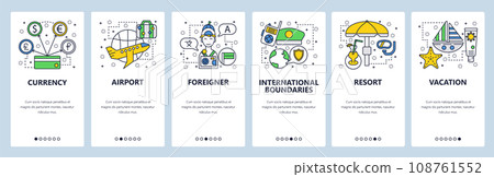 Web site onboarding screens. International travel and sea beach resort vacation. Menu vector banner template for website and mobile app development. Modern design linear art flat illustration. Web site onboarding screens. International travel and sea beach resort vacation. Menu vector banner template for website and mobile app development. Modern design linear art flat illustration. 108761552