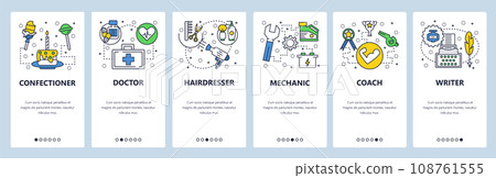 Web site onboarding screens. Different professions icons, doctor, coach, mechanic, writer. Menu vector banner template for website and mobile app development 108761555
