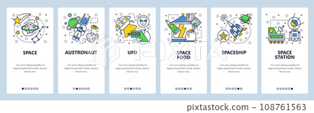 Web site onboarding screens. Outer space, planets, alines, space rocket launch. Menu vector banner template for website and mobile app development. Modern design linear art flat illustration. 108761563
