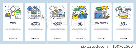 Web site onboarding screens. Cooking book and online recipe, organic food. Menu vector banner template for website and mobile app development. Modern design linear art flat illustration. Web site onboarding screens. Cooking book and online recipe, organic food. Menu vector banner template for website and mobile app development. Modern design linear art flat illustration. 108761569
