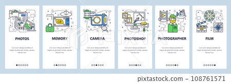 Web site onboarding screens. Photo camera, memory card, photos editing software. Menu vector banner template for website and mobile app development. Modern design linear art flat illustration. 108761571