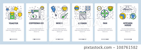 Web site onboarding screens. Kitchen and cooking appliance. Menu vector banner template for website and mobile app development. Modern design linear art flat illustration. Web site onboarding screens. Kitchen and cooking appliance. Menu vector banner template for website and mobile app development. Modern design linear art flat illustration. 108761582