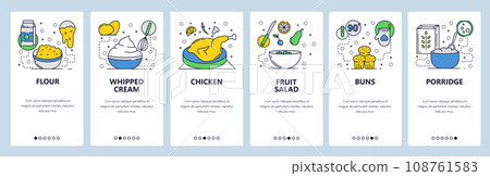 Web site onboarding screens. Breakfast food, chicken, fruit salad, cake, porridge. Menu vector banner template for website and mobile app development. Modern design linear art flat illustration. 108761583