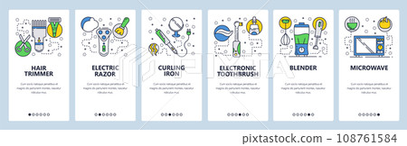 Web site onboarding screens. Home kitchen and bathroom appliances, trimmer, iron, blender, microwave. Menu vector banner template for website and mobile app development 108761584