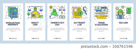 Web site onboarding screens. Law icons, copyright, intellectual property, trade, taxes and financial law. Menu vector banner template for website and mobile app development 108761596
