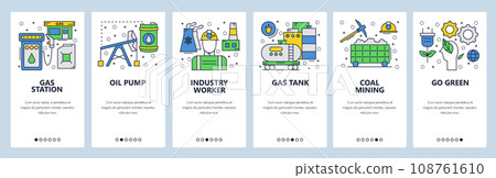 Web site onboarding screens. Power energy industry, gas station and oil pump. Menu vector banner template for website and mobile app development. Modern design linear art flat illustration. 108761610
