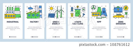 Web site onboarding screens. Green and renewable energy. Power station and zero emission. Menu vector banner template for website and mobile app development. 108761612