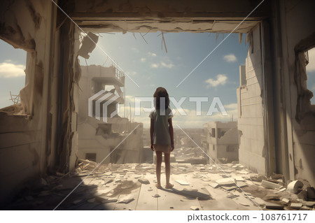 "Loneliness in War: A Girl Left on the Third Floor of a Bombed Building" <Image Generation AI> 108761717