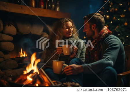 People relax sitting on the sofa and drink hot drinks near the fireplace in their home. People relax sitting on the sofa and drink hot drinks near the fireplace in their home. 108762071