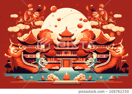 Chinese New Year greeting card background with temple, pagoda, house, lantern and dragon. Generative ai 108762250