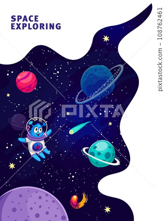 Space landing page, poster or flyer with cartoon starry universe, galaxy planets and stars, vector website background. Alien in outer space for galaxy spaceflight to planets in sky on landing page 108762461