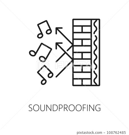 Soundproof wall thermal insulation icon. House construction insulation layer cross section scheme, home facade soundproofing and noise protection line vector pictogram with brick wall and music notes 108762485