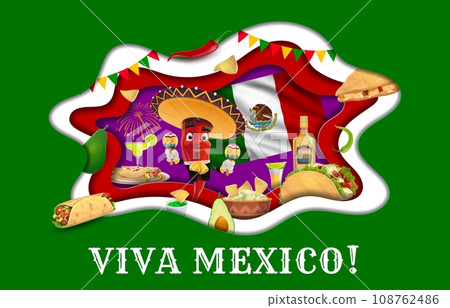 Viva mexico paper cut banner with Tex Mex cuisine, chili character and national mexican flag. Mexican food party 3d vector banner with mariachi chili personage, burrito, taco and guacamole meals 108762486