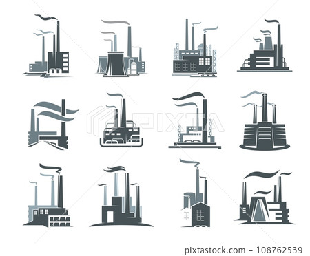 Factory or industrial plant icons set. Vector power plant buildings, factories or nuclear stations of chemical, energy, oil and gas refinery industry. Industrial building silhouettes with smoke, pipes Factory or industrial plant icons set. Vector power plant buildings, factories or nuclear stations of chemical, energy, oil and gas refinery industry. Industrial building silhouettes with smoke, pipes 108762539