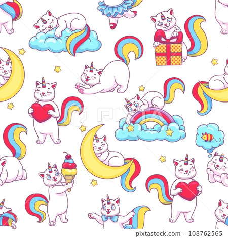 Cute funny cartoon caticorn seamless pattern of cat unicorn and rainbow, vector background. Happy caticorn pattern of kitty unicorn characters or kitten baby in magic dream of princess with love heart 108762565