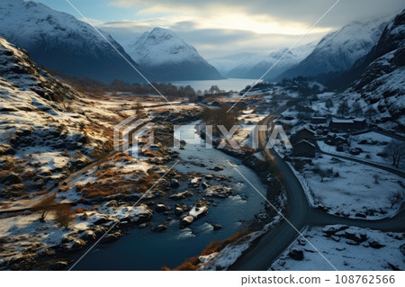 Landscape winding road with winter season. Generative AI 108762566