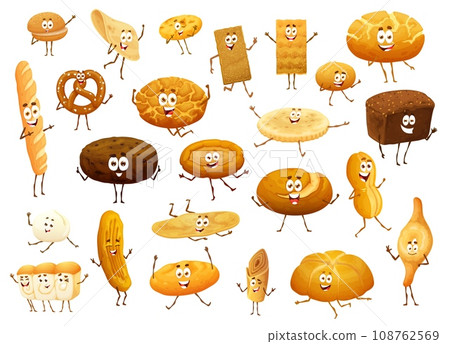 Cartoon isolated bread and bakery funny characters. Vector bake shop products wheat, rye loafs, pretzel, buns, patty pie. Pastry personages with cute smile faces, design elements for kids cafe menu Cartoon isolated bread and bakery funny characters. Vector bake shop products wheat, rye loafs, pretzel, buns, patty pie. Pastry personages with cute smile faces, design elements for kids cafe menu 108762569