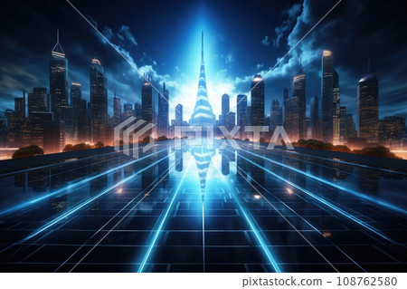 Abstract night cityscape background. Smart city, ai and digital transformation concept. Double exposure 108762580